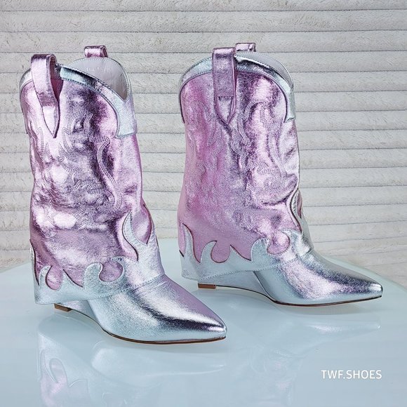 Show Off By Azalea Wang Silver Metallic Fold Over Western Wedge Ankle Boots - Picture 7 of 10